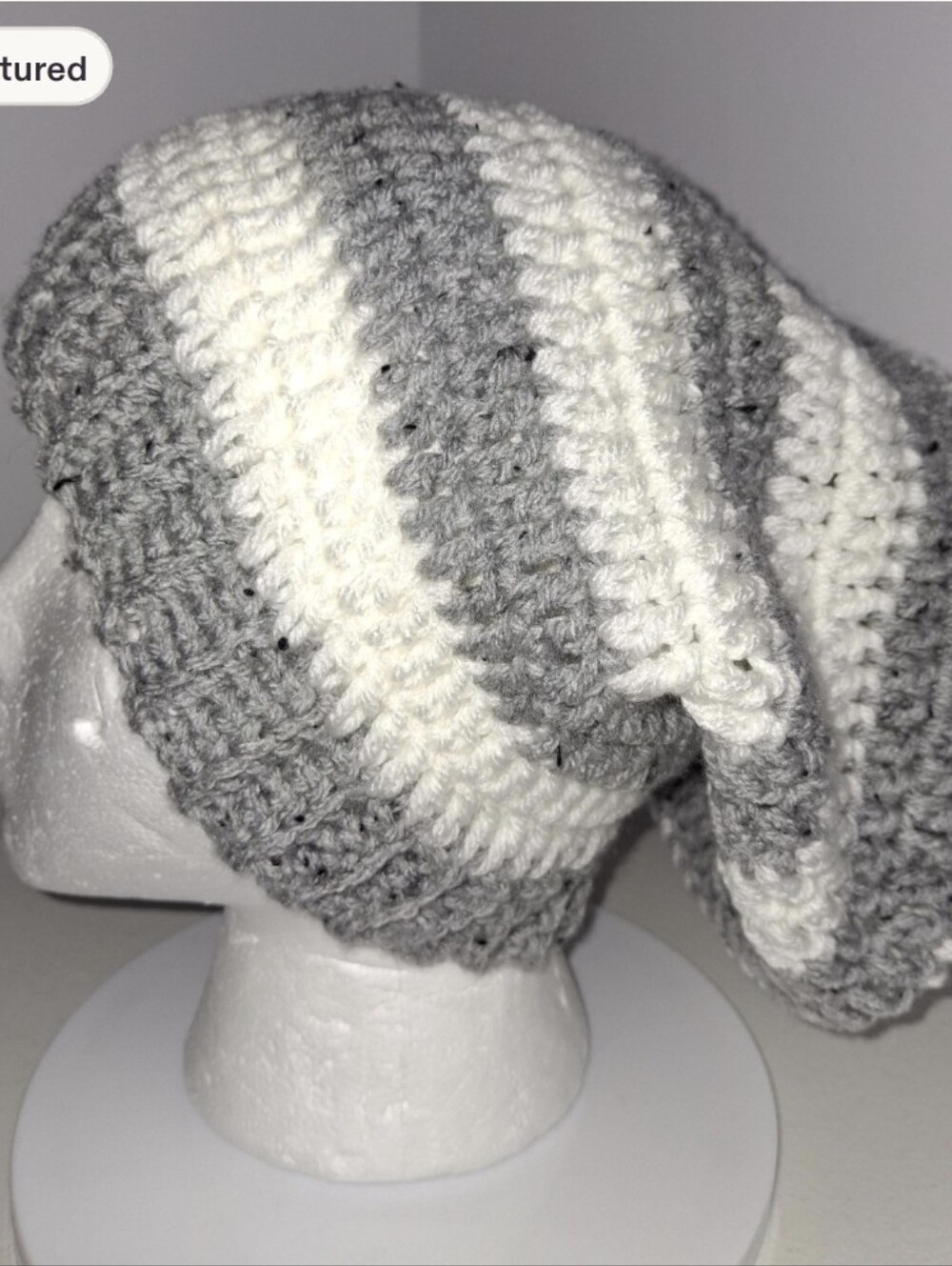 Beanie Slouchy Cap XL Gray And White Striped Crocheted Handmade